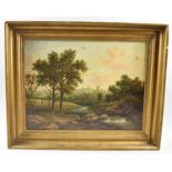 A Gilt Framed Oil on Canvas Depicting Rural River Scene with Figures, Indistinctly Signed but