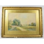 A Framed Water Colour Depicting Figures on Bridge in Rural Landscapes, Signed E Earp, 43x27cm