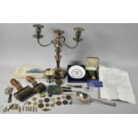 A Collection of Curios to Include Silver Plate Candelabra and Miniature Urn, Royal Worcester Dish,
