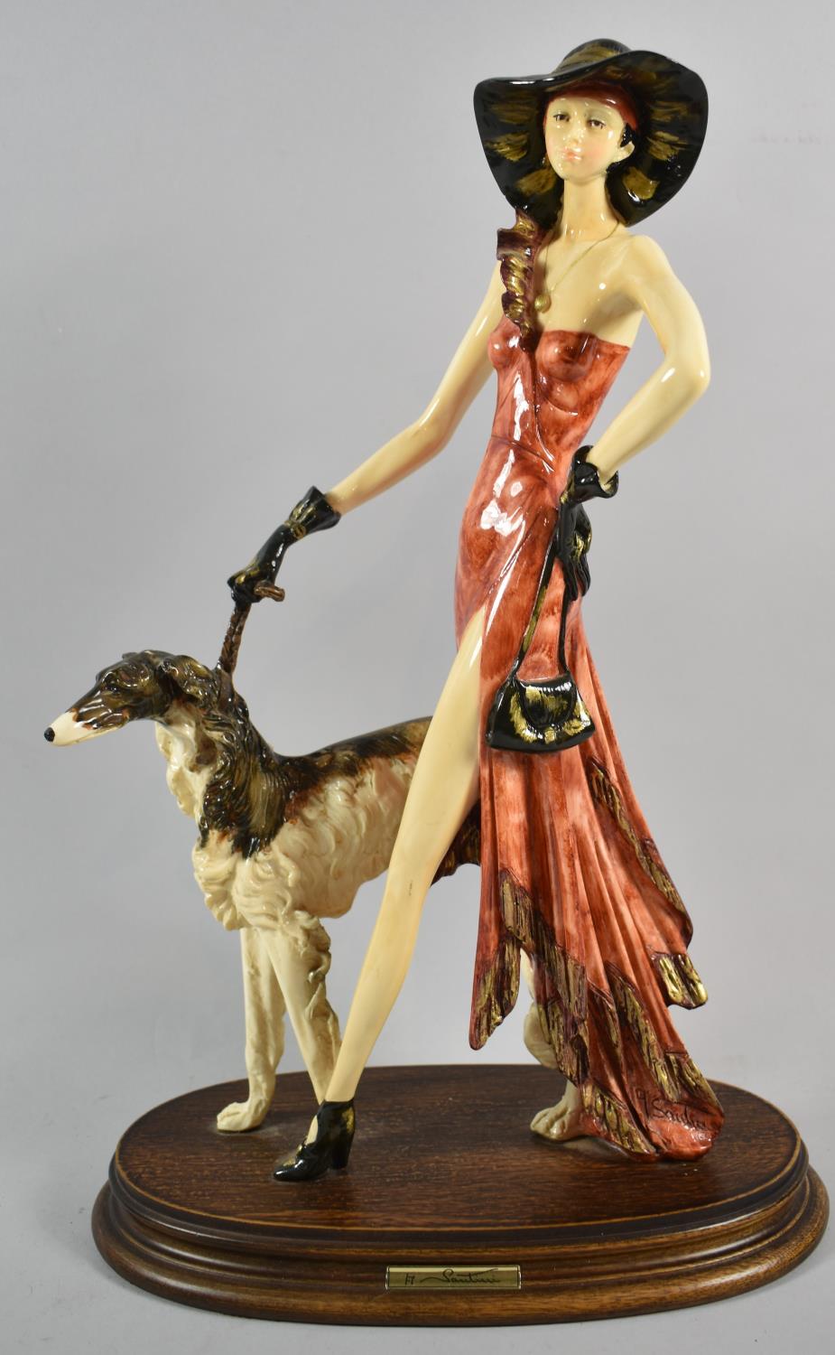 An Italian Figural Ornament of Maiden with Afghan Hound After Santini, Oval Wooden Plinth, 45cm high