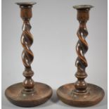 A Pair of Edwardian Oak Barley Twist Candlesticks, 26.5cm High