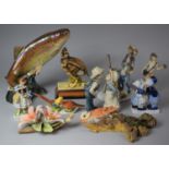 A Collection of Various Animal and Figural Ornaments to Include Ceramics Glazed Fish, Bird