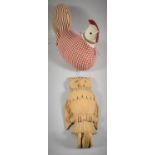 A Carved Wooden Wall Hanging of an Owl with Hinged Wings Together with a Chicken Door Stop