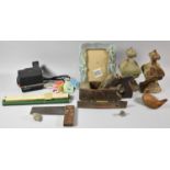 A Polaroid Camera, Two Vintage Slide Rules, Block Plane, Photo Frame and Two Carved Wooden Finials