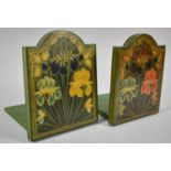 A Pair of Wooden Bookends with Painted Floral Decoration, 13.5cm high