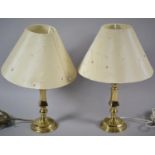 A Pair of Small Brass Table Lamps with Shades, Total Height 35cm high