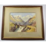 A Mid 19th Century Framed Watercolour, Alpine Scene with Man Crossing Log Bridge, Signed N Cartheur,