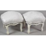 A Pair of Reproduction French Style Upholstered Square Footstools on Painted Frames with Brass