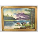 A Mounted Oil on Canvas Depicting Highland Cattle, With Frame, but Frame AF, 75x50cm