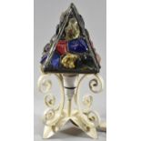 A Mid 20th Century Wrought Iron Table Lamp with Pyramid Shaped Coloured Glass Shade, 33cm high