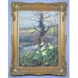 A Gilt Framed Oil on Board, "Primroses at Downton" by Dan Slater, 34x24cm