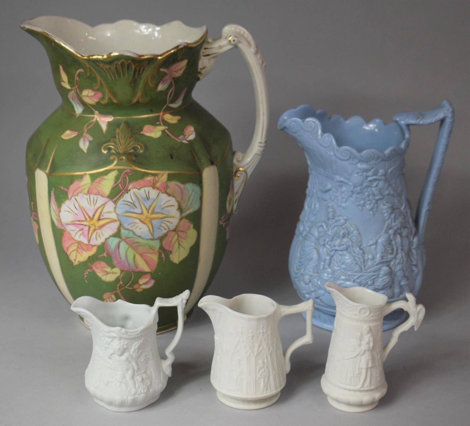 A Collection of Five Jugs to Include Water Jug, Glazed Wood and Brownfield Moulded Scene Example and