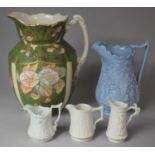 A Collection of Five Jugs to Include Water Jug, Glazed Wood and Brownfield Moulded Scene Example and