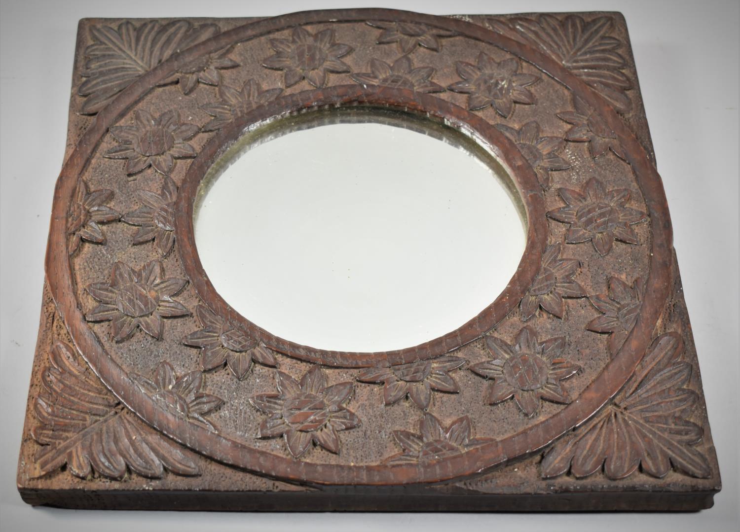 An Edwardian Blind Carved Oak Hanging Wall Mirror, 31cm Square