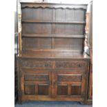 A Mid 20th Century Oak Dresser with Two Drawers Over Cupboard Base and Raised Two Shelf Plate