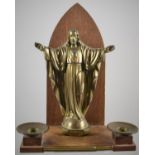 A Wall Hanging Wooden Candle Sconce Together with a Brass Figure of Jesus with Arms Outstretched,