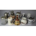 A Collection of Various Continental Ceramic, Pewter and Glass Tankards to Include Metal Mounted