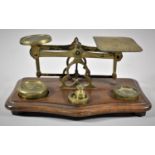 A Set of Edwardian Brass Postage Scales on Mahogany Plinth Base, 19cm Wide