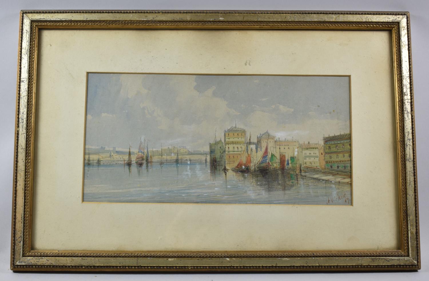 A Framed Watercolor Venice, Signed Bottom Right A. Vickus and Dated 1917, 35x17cm