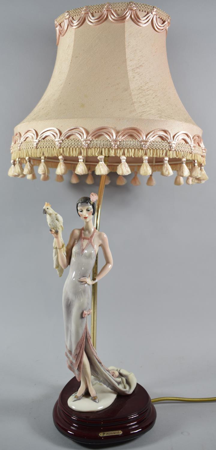 A Reproduction Figural Table Lamp in the Form of Flapper Girl with Parrot, Arm Glued, Complete