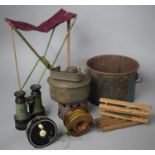 A Collection of Curios to Include Vintage Binoculars (AF), Two Vintage Fly Fishing Reels, Various