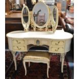 A Kidney Shaped Gilt and Cream Dressing Table with Triple Mirror and Stool, 134cm Wide