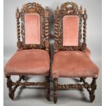 A Set of Four Victorian Carved Oak Gothic Revival Side Chairs with Barley Twist Supports and