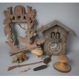 A Vintage Black Forest Cuckoo Clock For Restoration Together with Carved Wooden Bear, Mushrooms etc