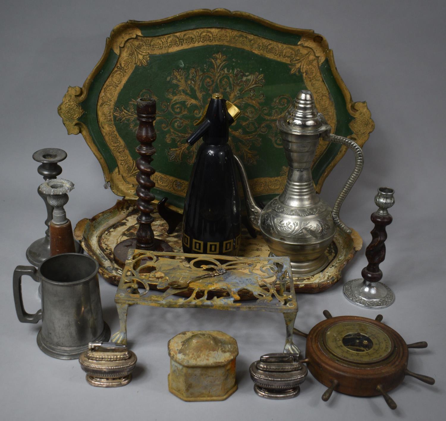 A Collection of Various Sundries to Include Vintage BOC Soda Siphon, Islamic Metal Coffee Pot,