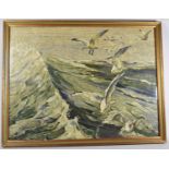 A Large Framed Silk Embroidery Depicting Seagulls Over Stormy Seas, Inscribed Verso Bulmer, Penarth,
