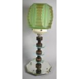 An Unusual Turned Wooden and Glass Art Deco Table Lamp with Octagonal Mirror Base and Green Glass