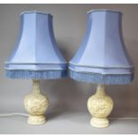 A Pair of Oriental White Cinnabar Lacquer Style Table Lamps with Shade