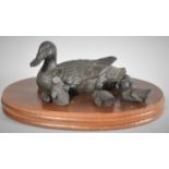 A Heredities Duck and Ducklings Set by Tom Mackie on Oval Wooden Plinth, One Duckling AF, 17cm Wide