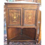 An Edwardian Inlaid Rosewood Freestanding Corner Cabinet with Panelled Doors and Open Display Under,