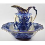 An Edwardian Blue, White and Gilt Decorated Toilet Jug and Bowl Set