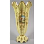 An Edwardian Coalport Pedestal Vase of Wavy Fluted Form in Cream Glaze and Decorated with Gilt and