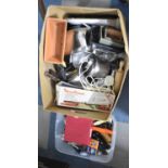 A Box of Kitchen Cutlery, Kitchenwares and Vintage Case Pifco Massage Machine