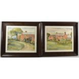 A Pair of Oak Framed Naive Watercolours Depicting Farmhouse and Barns, Each 29x25cm