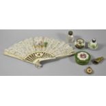 A Collection of Curios to Include Lace Fan, Porcelain Scent Bottle, Dressing Table Pots, Arundel