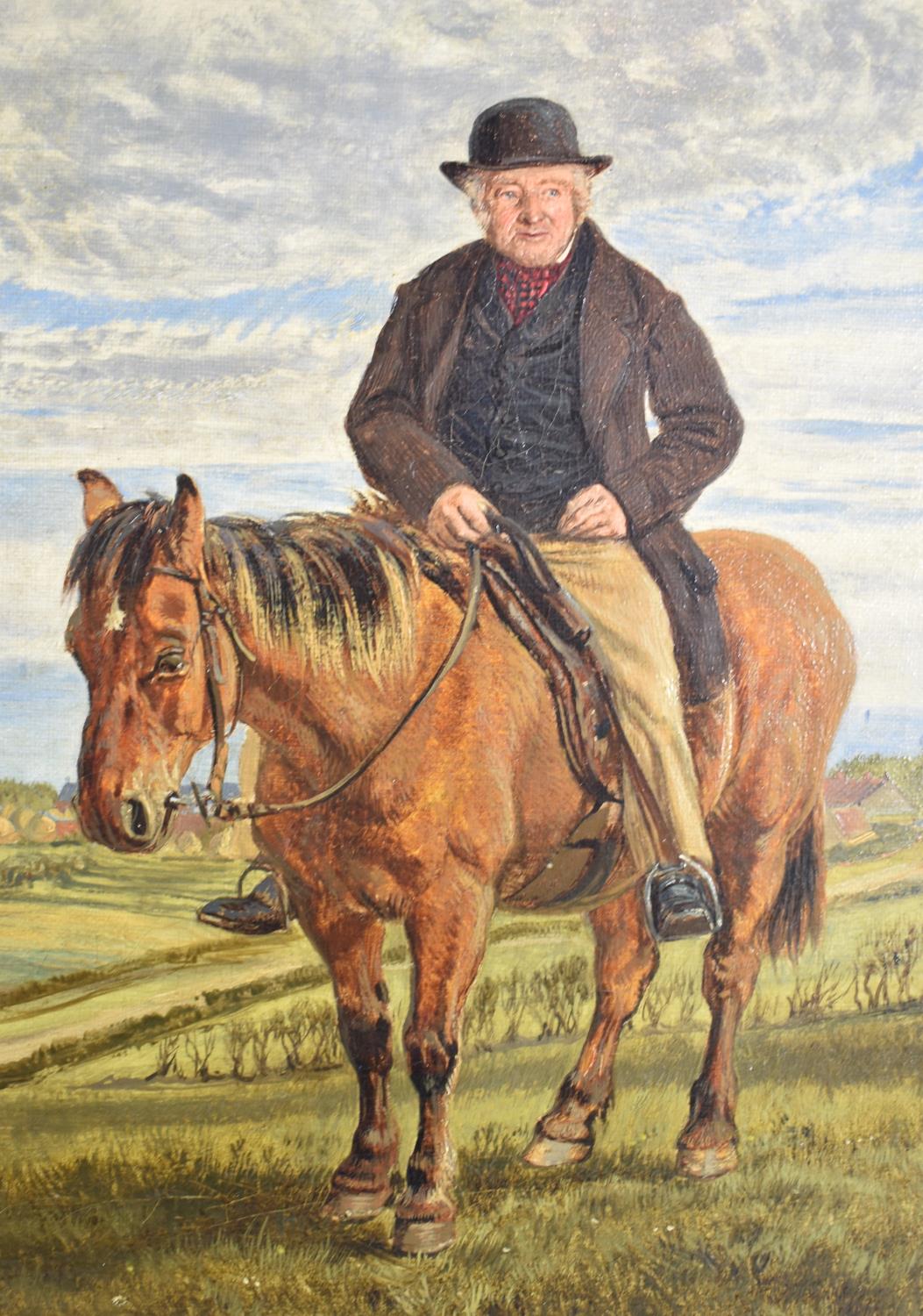 A Henry Moore (1831-1895) Oil on Board Depicting George Bulmer on Pony Overlooking Village and - Image 2 of 3