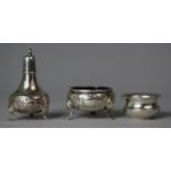 A Sterling Silver Salt with Blue Glass Liner, Matching Pepper Pot and Smaller Mustard Pot, Pepper