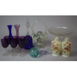 A Collection of Various Coloured Glassware to Include Aubergine Glasses, Blue Glass Bell, Italian