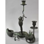 A Collection of Three Patinated Bronze Items to Comprise Frog Candle Stick, Mouse Reading Book