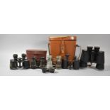 A Collection of Various Vintage Binoculars, Most in Need of Some Attention, Two Leather Cases