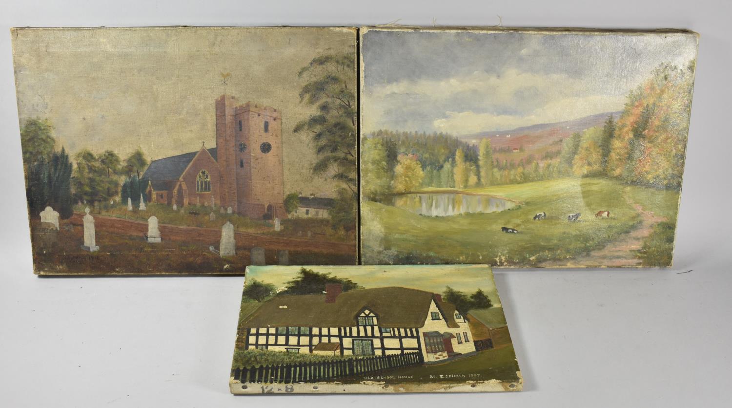 A Collection of Three Mounted but Unframed Naive Oils Depicting Cattle in Meadow with Pond, Half