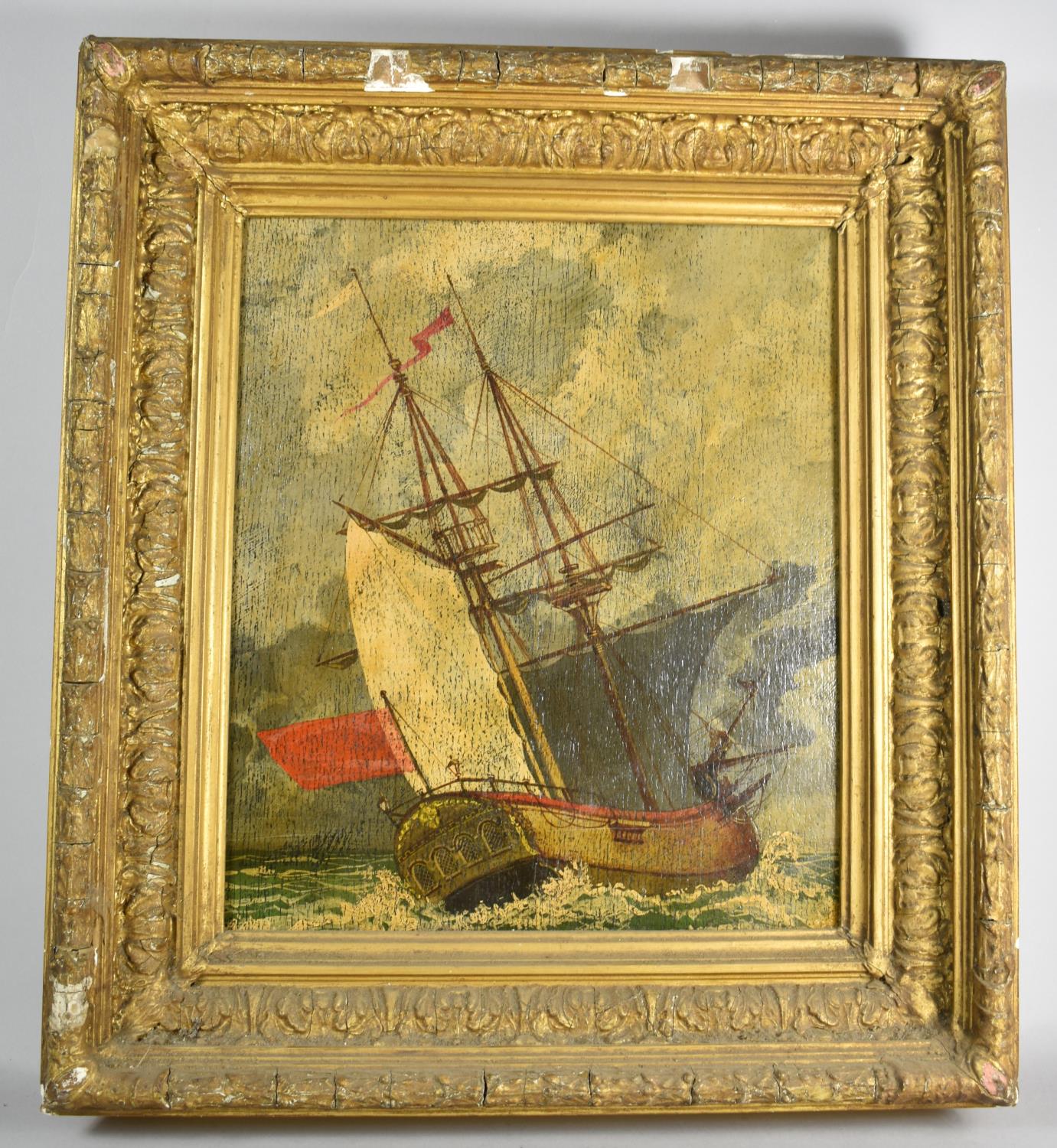 A Gilt Framed Oil On Board Depicting Tall Ship in Stormy Seas, 35x30cm, Unsigned