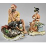 Two Capodimonte Figural Ornaments, Fisherman and Lady with Bouquet of Flowers, Tallest 20cm high