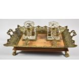 A French Ormolu Two Handled Rectangular Desktop Inkstand Tray with Two Glass Bottles, Lids Present