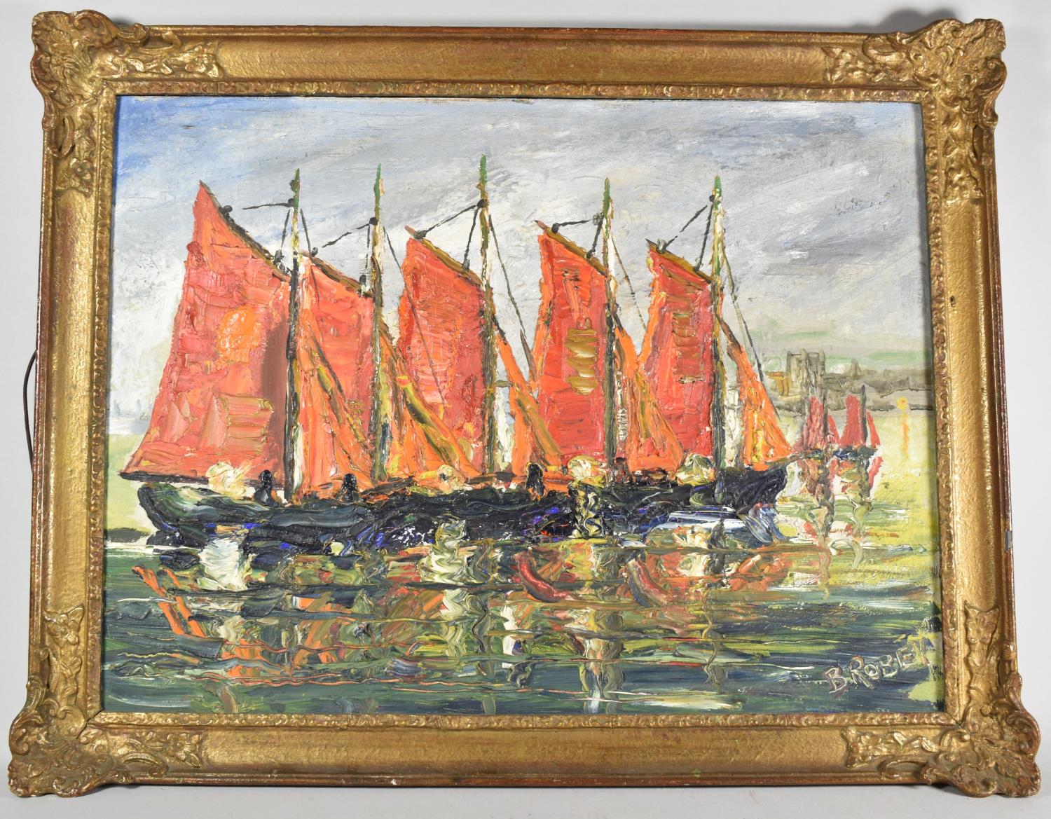 A Gilt Framed Oil on Board Signed Bottom Right B Robey and Titled "Brittany Fishing Boats", 45x60cm