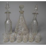 Two Glass Scent Bottles with Stoppers Together with a Decorated Decanter and Six Tot Set